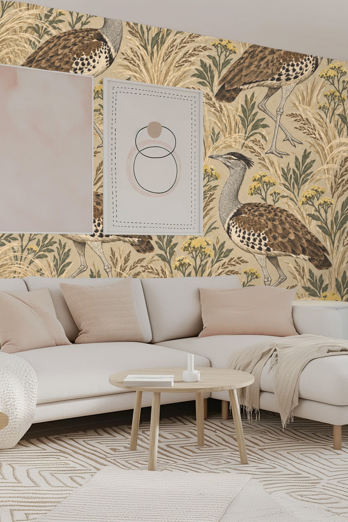 Repeated bird motif blended with leafy plants and wild grasses
