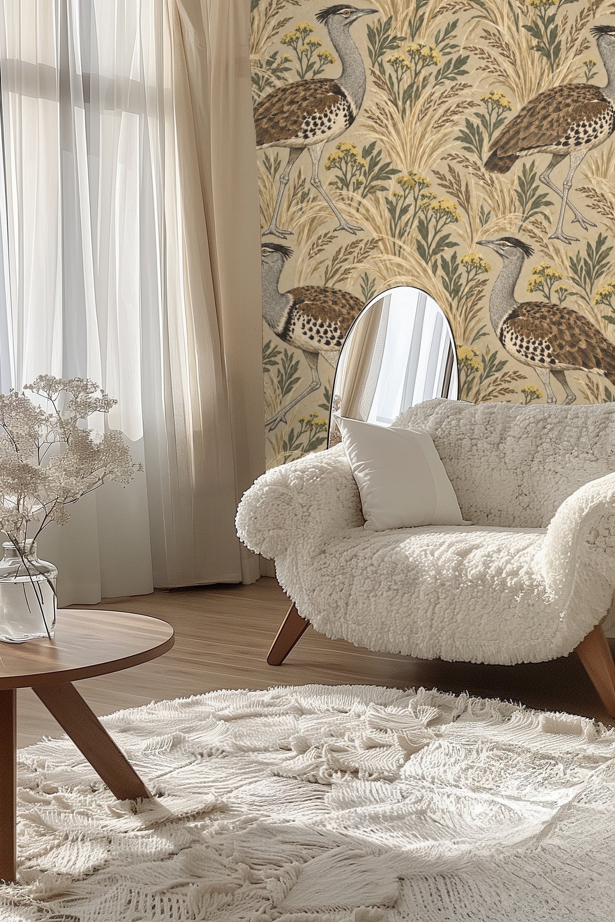 Close-up of bustard wallpaper behind peach-colored velvet headboard and pillows