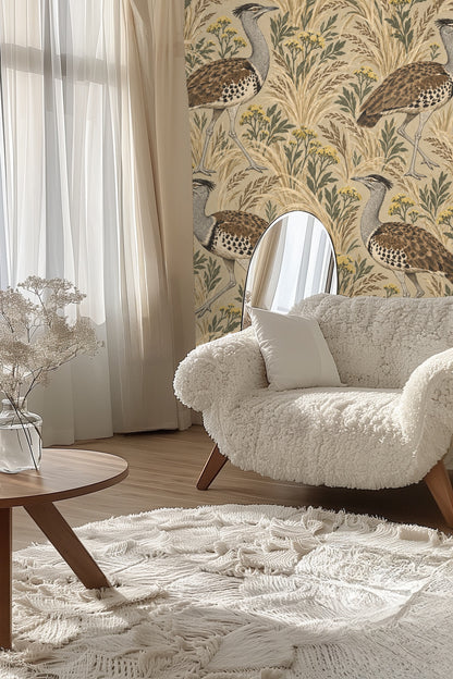Close-up of bustard wallpaper behind peach-colored velvet headboard and pillows