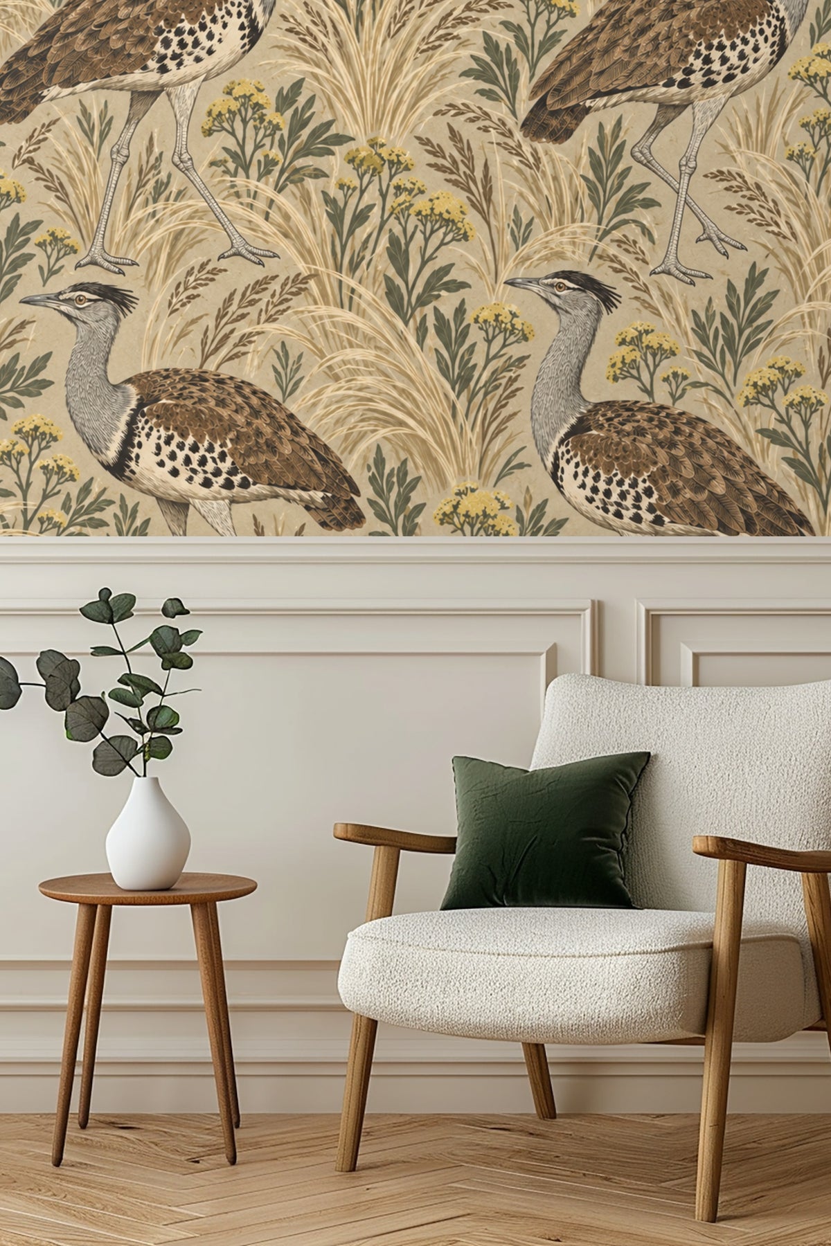 Wall scale indicating bird and plant pattern size in room setting