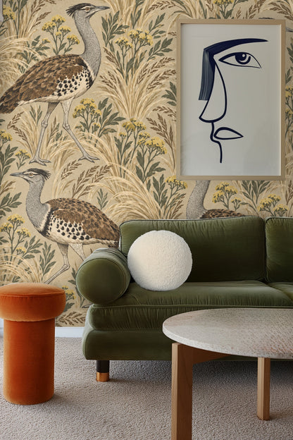 Softly lit room interior emphasizing wallpaper's warm beige tones