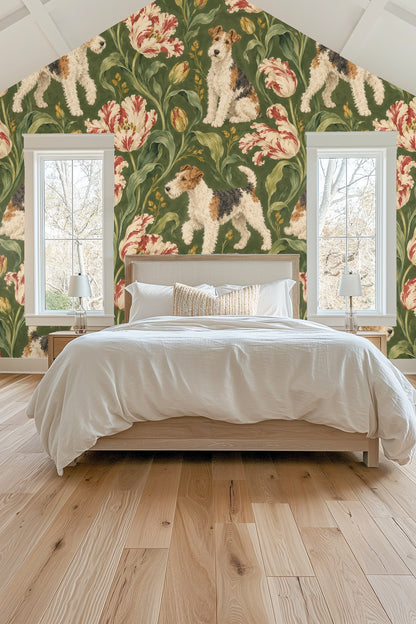 Living room with fox terrier tulip wallpaper behind curved velvet sofa