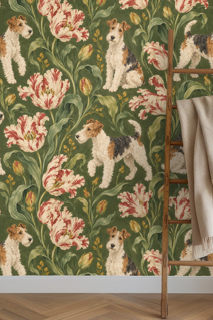 Living space showcasing the scale of fox terrier and tulip wallpaper