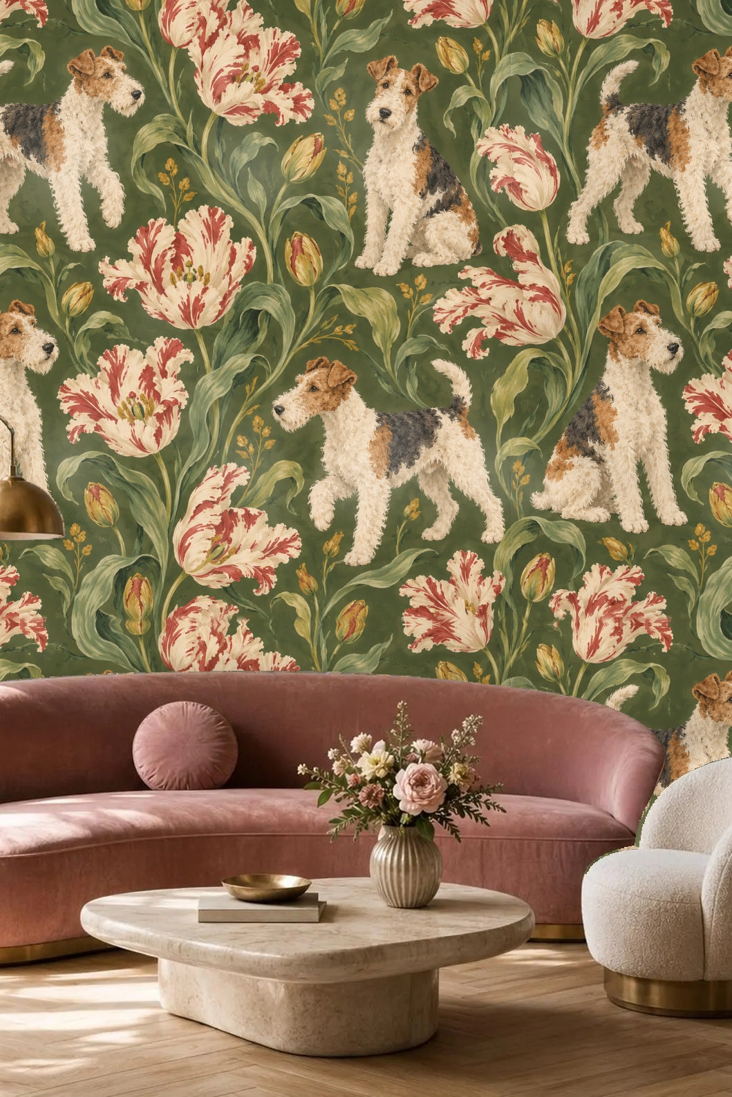 Entryway with arched doorway decorated in fox terrier tulip wallpaper
