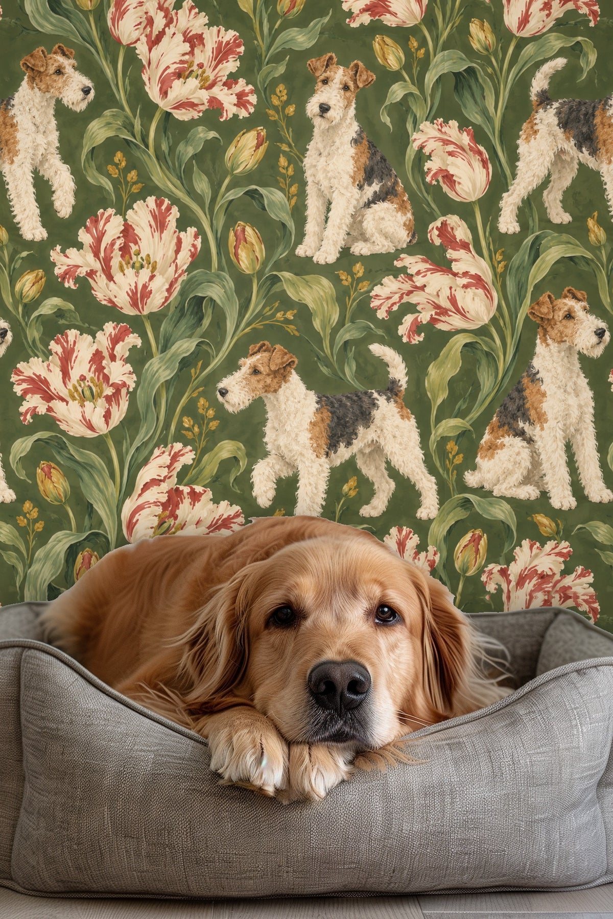 Botanical wallpaper design with playful terriers and blooming flowers