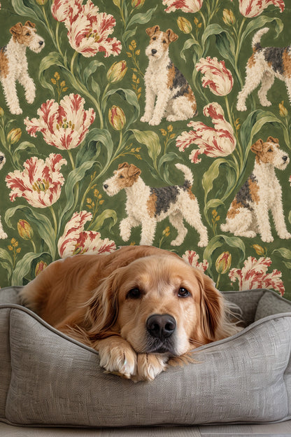 Botanical wallpaper design with playful terriers and blooming flowers