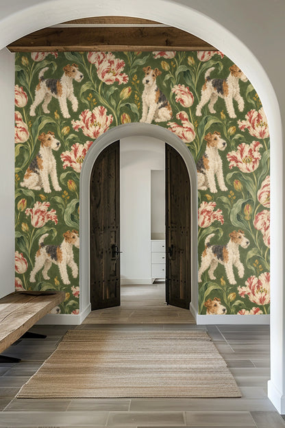 Close-up of fox terrier and tulip pattern on olive green wallpaper