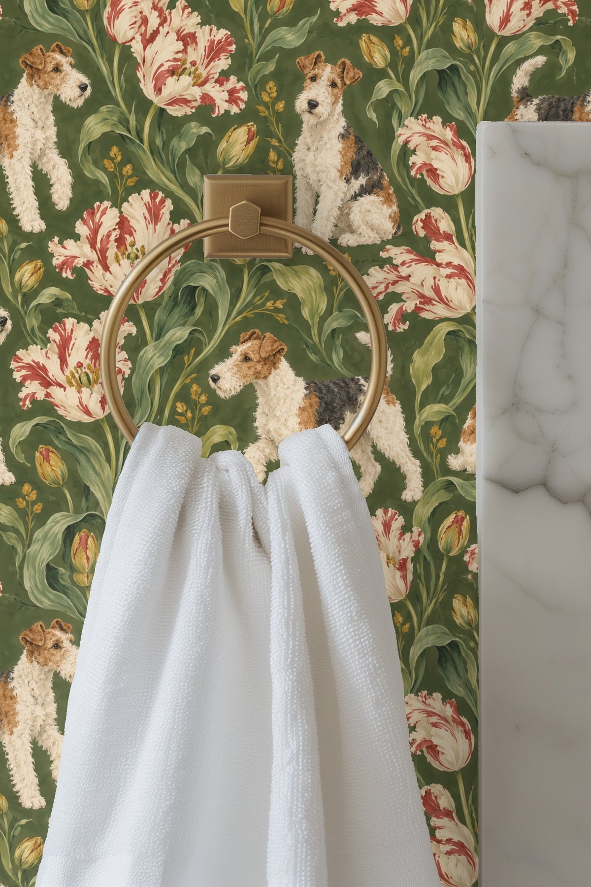 Wallpaper artwork featuring repeated fox terrier figures and variegated tulips