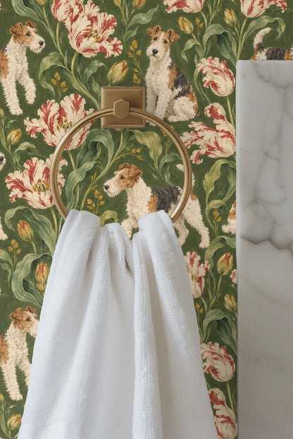 Wallpaper artwork featuring repeated fox terrier figures and variegated tulips