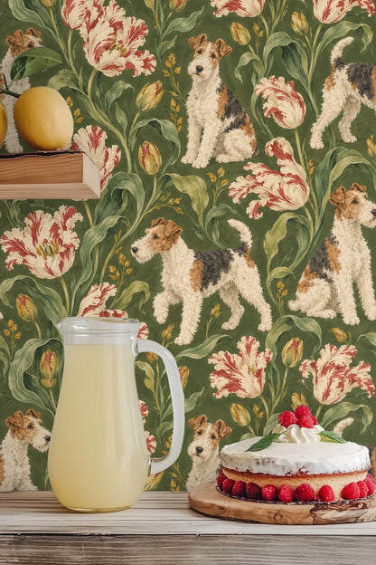 Green wallpaper with fox terrier and floral motifs in a classic painterly style