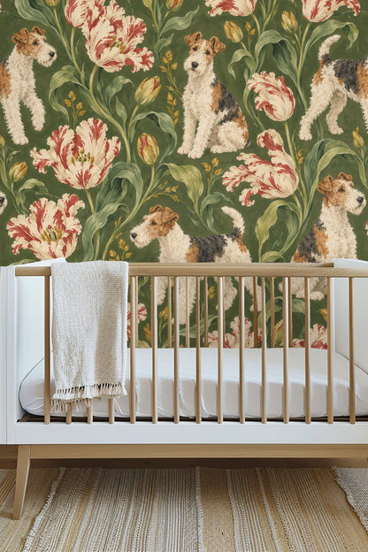 Wall showing fox terrier in walking pose among large red and cream tulips