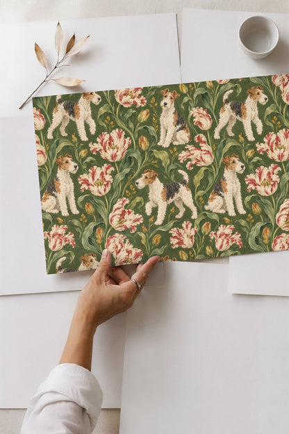 Fox terrier wallpaper pattern displayed in mood-lit hallway