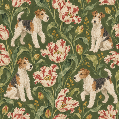 Decorative wallpaper pattern in traditional style with dogs and flowers