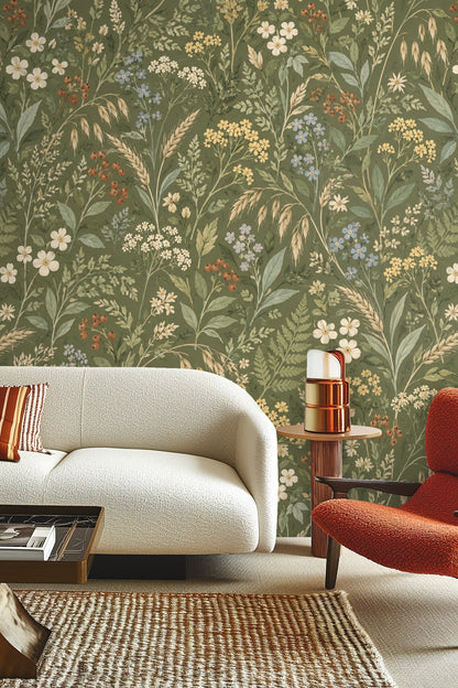 Entryway featuring Verdant Flora Wallpaper behind a modern console and decorative mirror