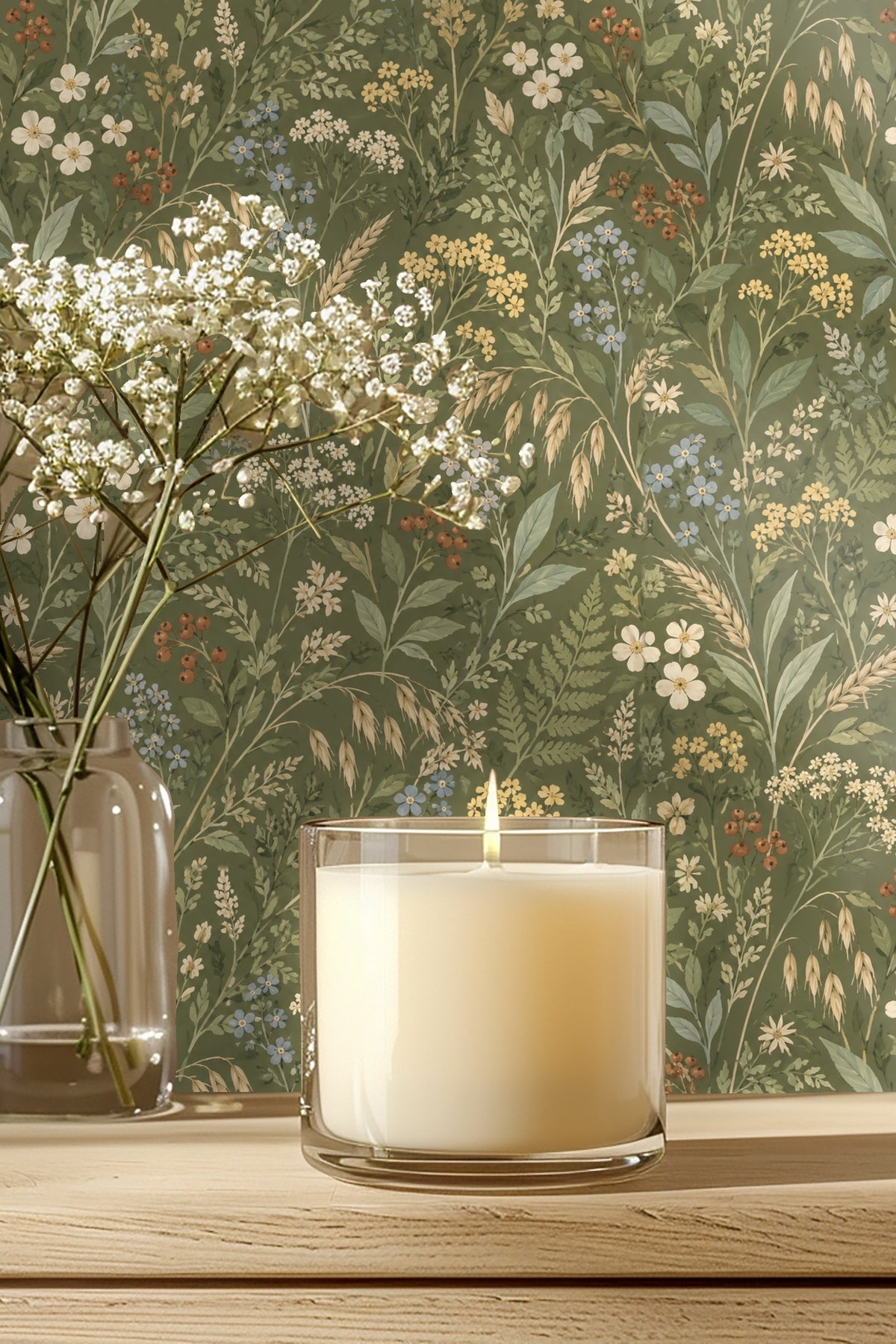 Detailed view of Verdant Flora Wallpaper pattern showing wildflowers, wheat stalks, berries, and leaves on olive background
