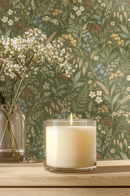 Detailed view of Verdant Flora Wallpaper pattern showing wildflowers, wheat stalks, berries, and leaves on olive background