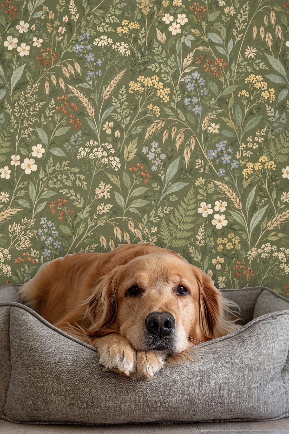 Dining room setting with Verdant Flora Wallpaper as backdrop to wooden table and minimalist decor