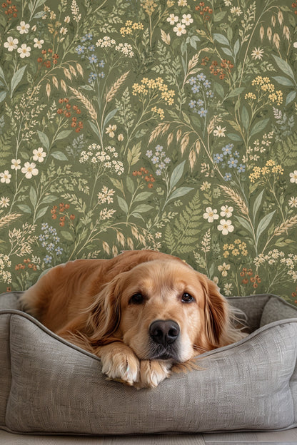 Dining room setting with Verdant Flora Wallpaper as backdrop to wooden table and minimalist decor