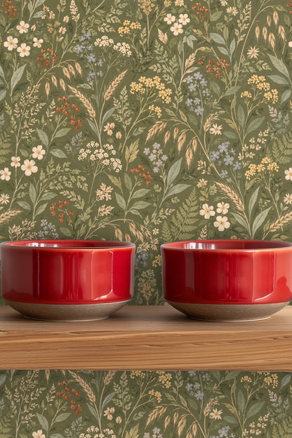 Home office nook with Verdant Flora Wallpaper creating a calm, naturalistic feature