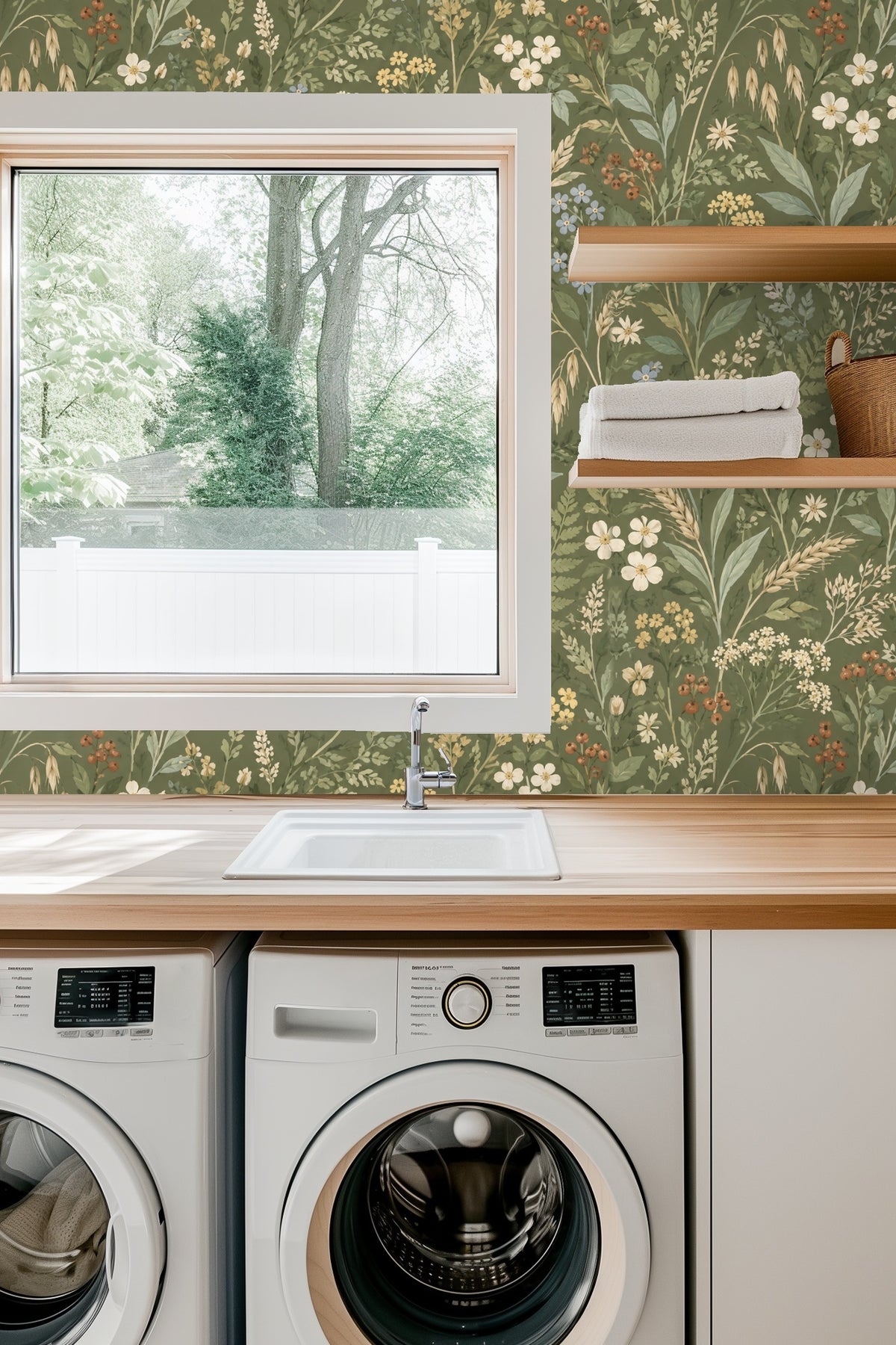 Close-up of a lit candle and translucent vase with white flowers against Verdant Flora Wallpaper in a cozy room setting