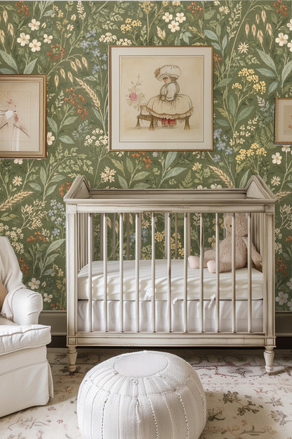 Bedroom wall covered in Verdant Flora Wallpaper with muted pillows and linens in complementary tones