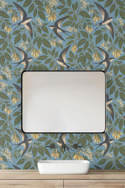 Texture detail of wallpaper showing fine linework in bird feathers