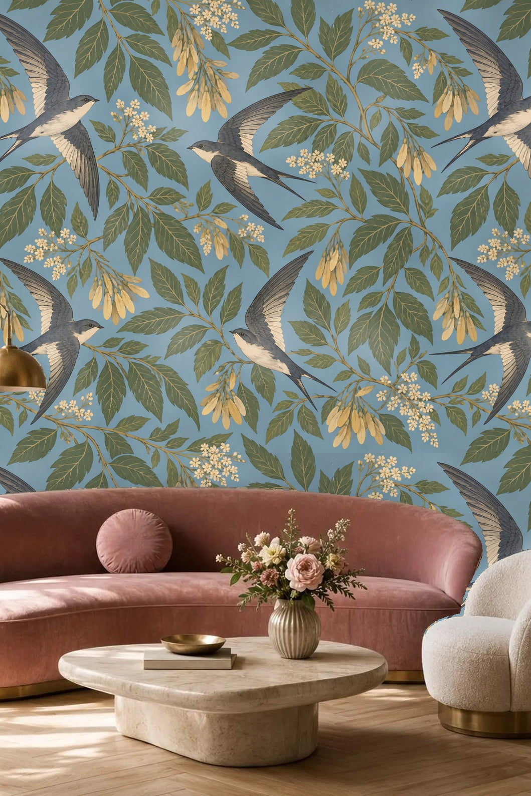 Detailed wallpaper pattern with four swallows flying amid laurel leaves and cream-yellow blossoms on blue background