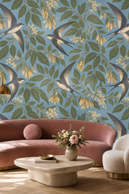 Detailed wallpaper pattern with four swallows flying amid laurel leaves and cream-yellow blossoms on blue background