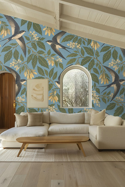 Artistic illustration style of vintage birds paired with botanicals on wallpaper