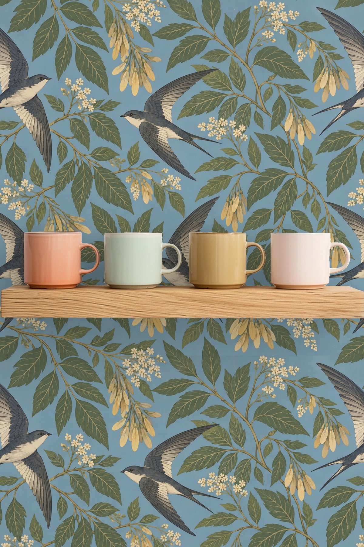 Swallow's white underside contrasted with blue-gray wings in wallpaper art