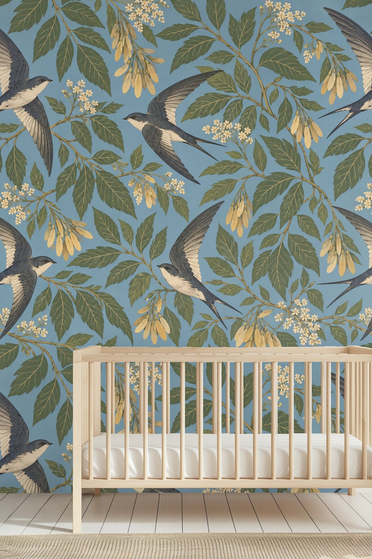 Wide shot of wallpaper showing repeating pattern of birds and leaves