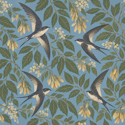 Soft blue wallpaper background enhancing detailed botanical and bird motifs