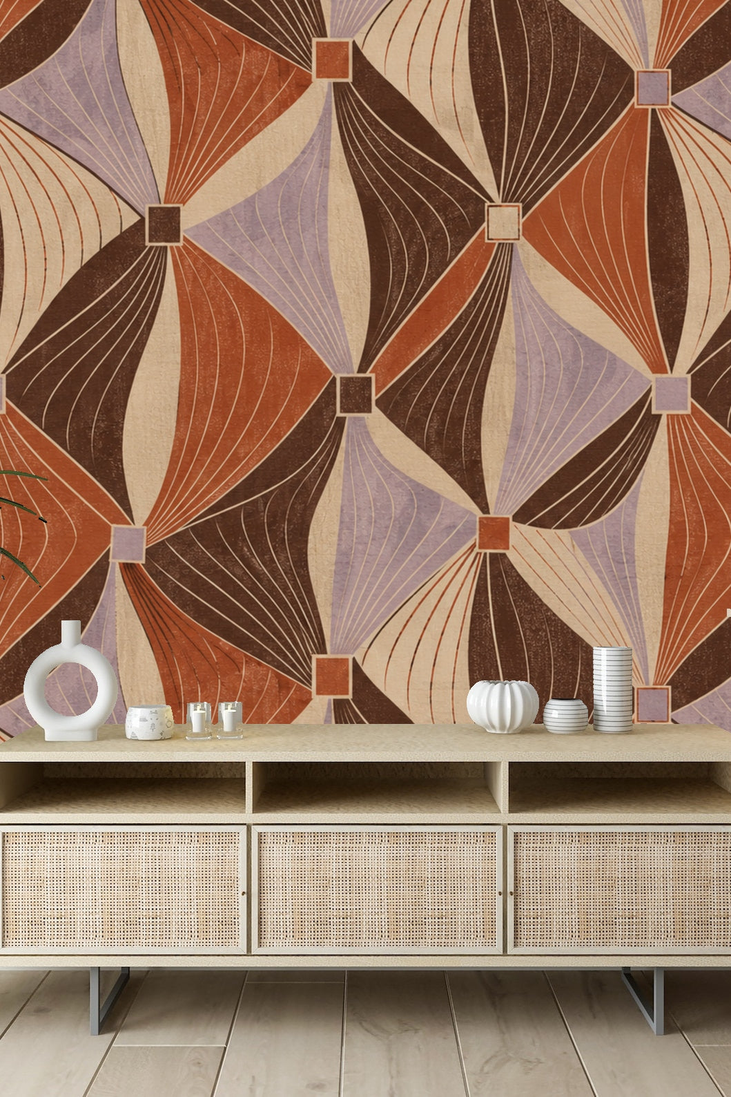 Decor setting highlighting wallpaper's mid-century geometric balance with natural light and minimalist furnishings.