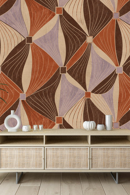 Decor setting highlighting wallpaper's mid-century geometric balance with natural light and minimalist furnishings.