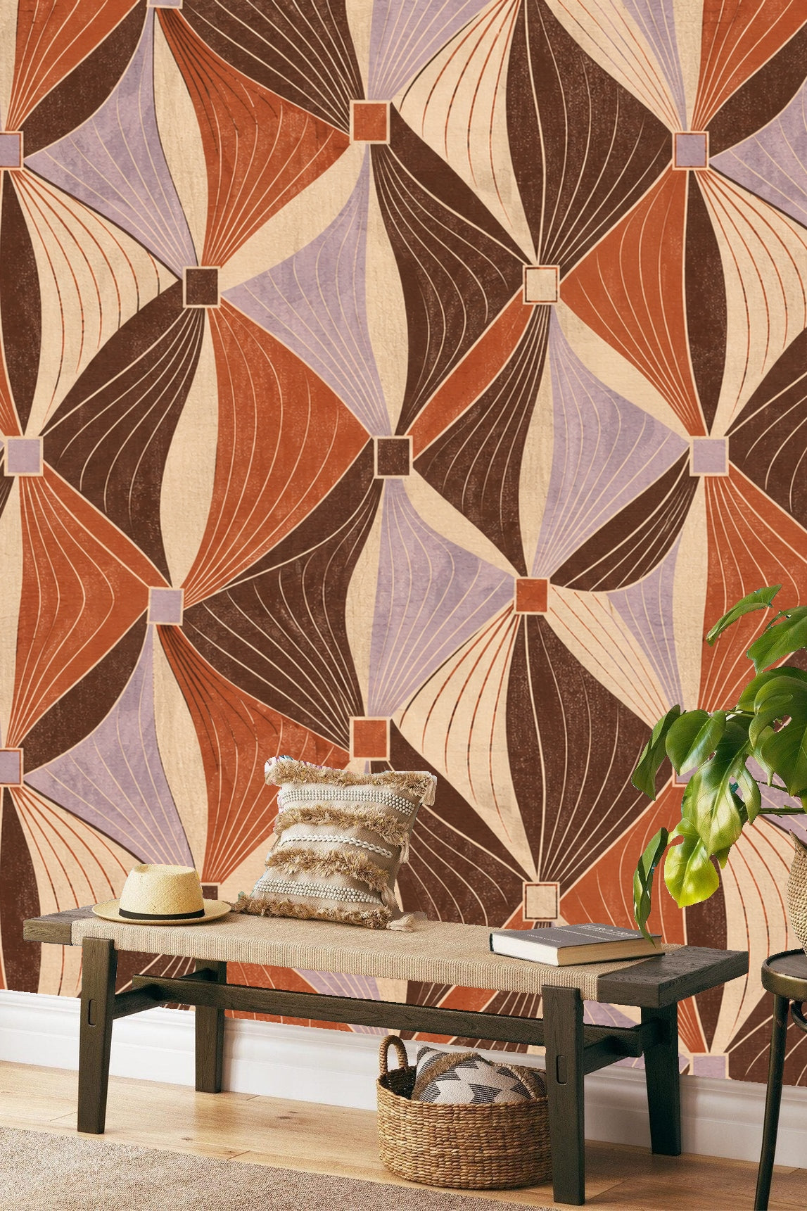 Bedroom corner featuring wallpaper with flowing ribbons and diamond grids in warm earthy tones.