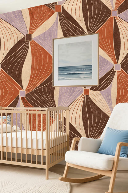 Artistic detail of diamond grid wallpaper with soft gradient lines and terracotta squares.