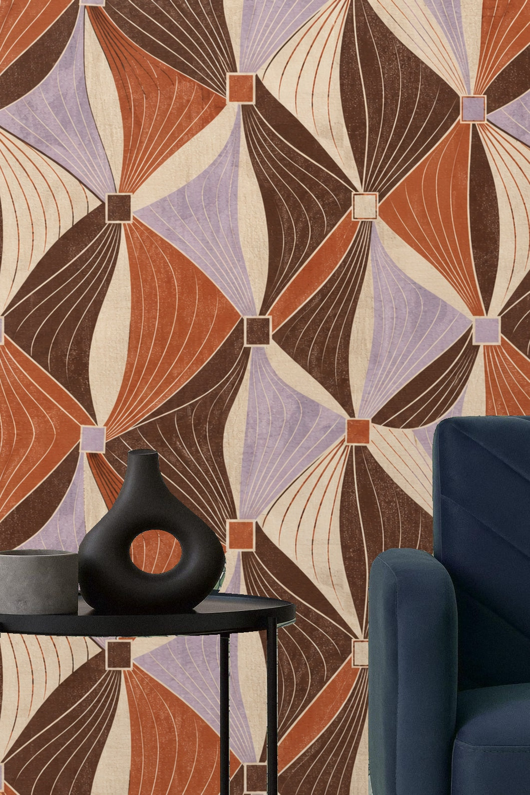 Interior styled photo emphasizing contrast of wallpaper’s warm and cool tones next to white bedding.