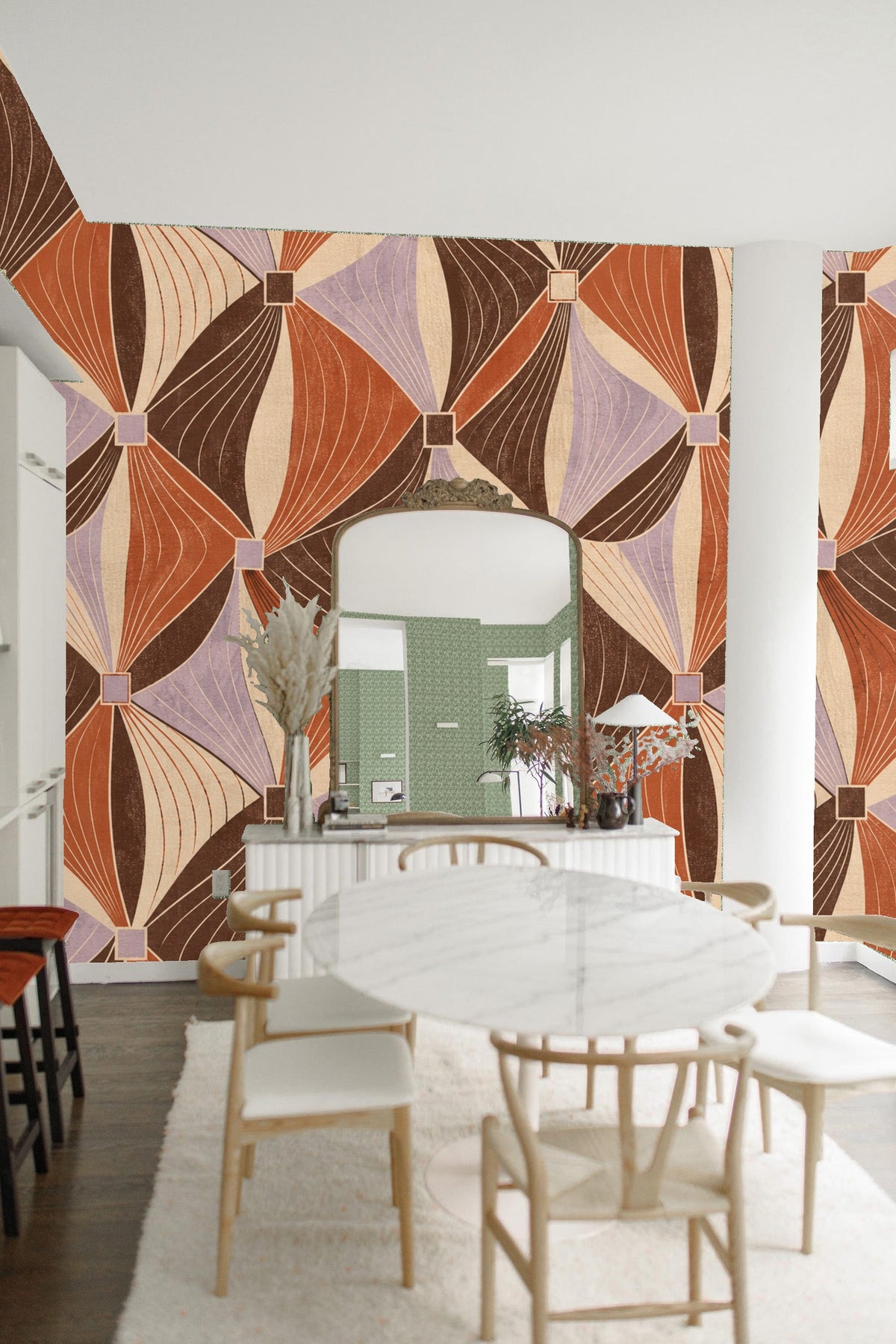 Textured wallpaper sample showing interlaced curves and diamond intersections in earthy color scheme.