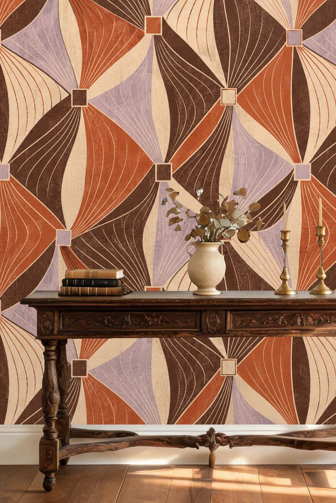 Wallpaper section focusing on angular intersections of curved, ribbon-like shapes in muted tones.