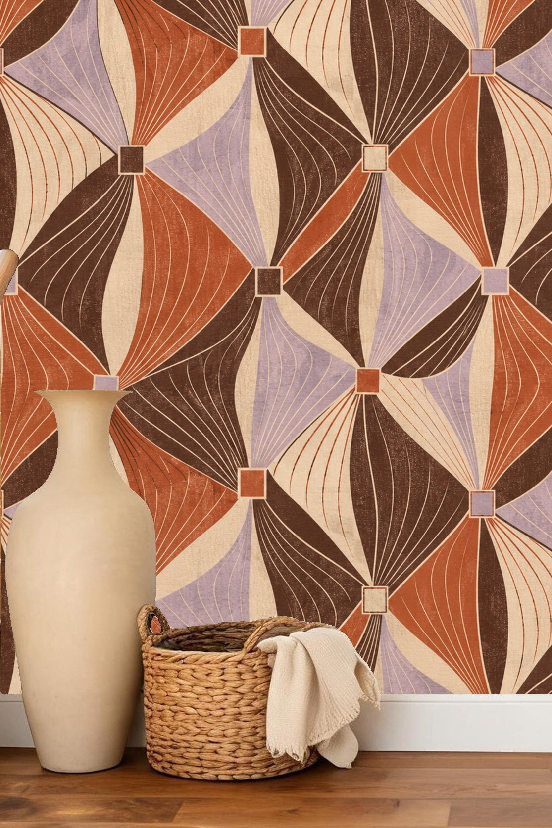 Living room vignette showing patterned wallpaper with organic curves and muted lavender accents.