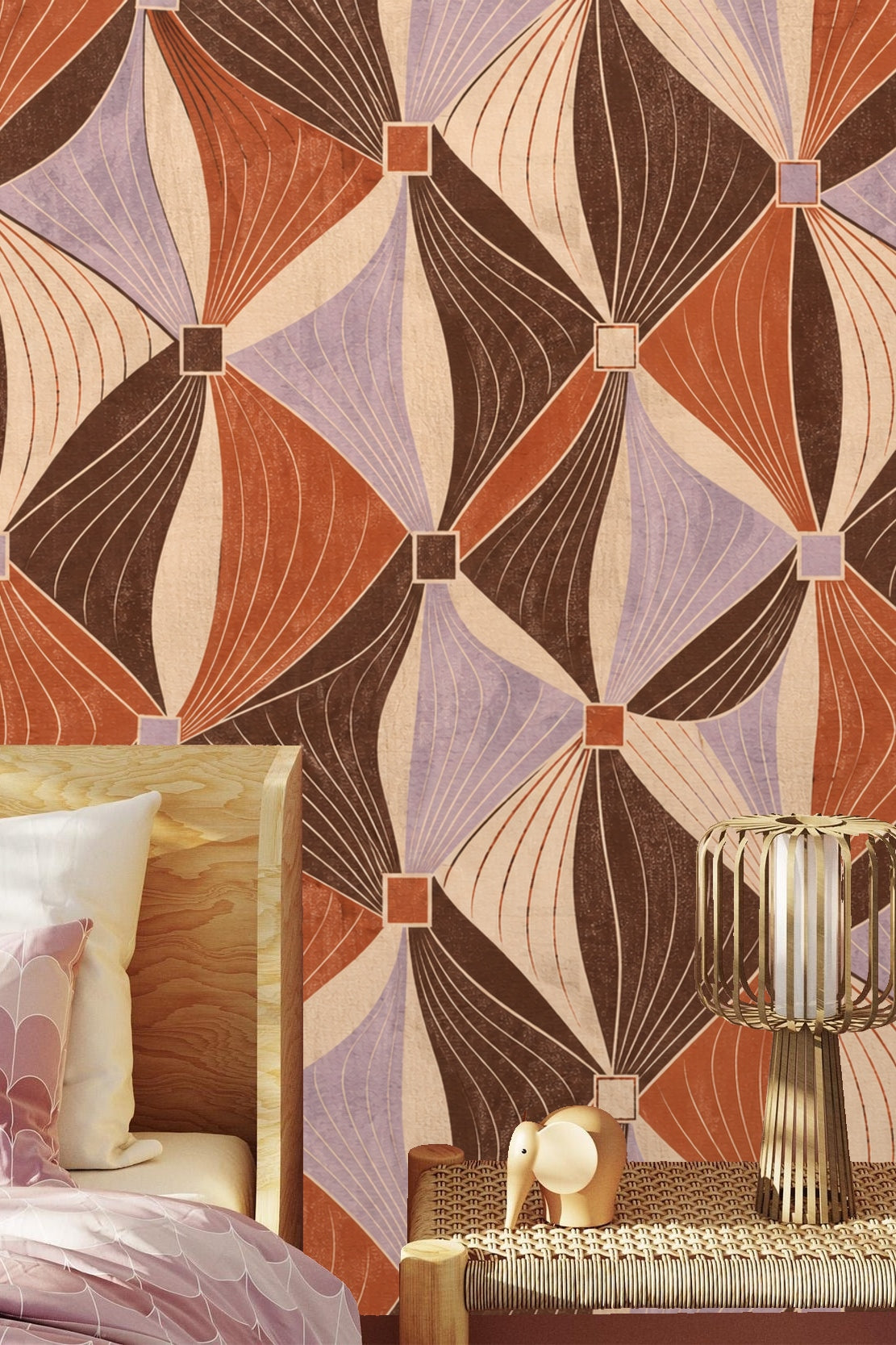 Wallpaper pattern repeat emphasizing contrast between lavender and dark brown ribbon shapes.