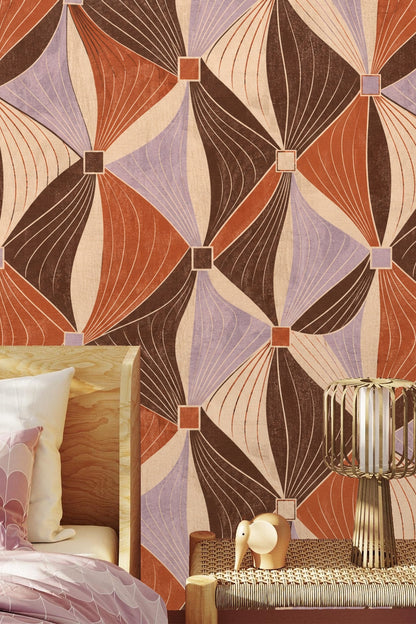 Wallpaper pattern repeat emphasizing contrast between lavender and dark brown ribbon shapes.