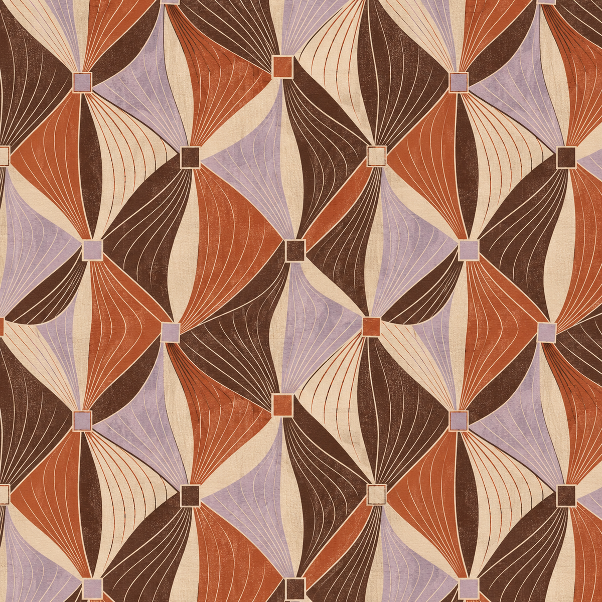 Full repeat tile showing rhythmic geometric flow in a palette combining brown, cream, terracotta, and lavender.