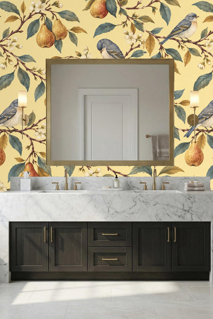 Wallpaper close-up with bluebird, pears, and blossoms on yellow background