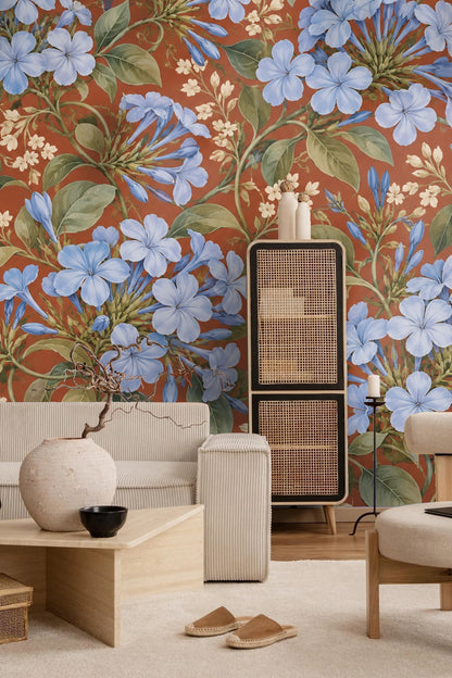 Decorative wallpaper panel with vintage-inspired blue and terracotta color story