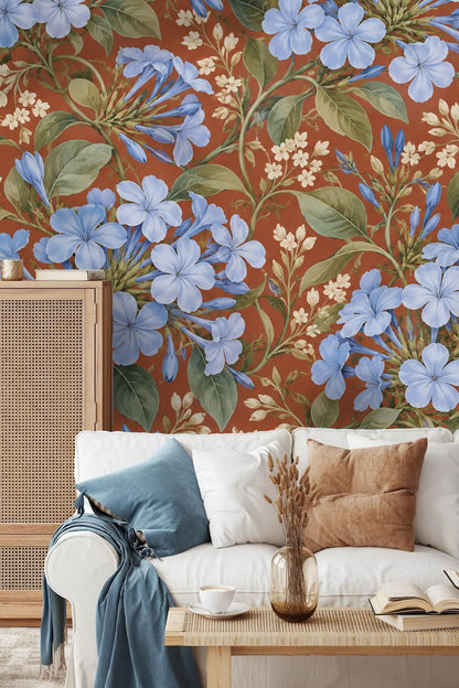 Flat lay of wallpaper and ceramic cup highlighting floral design scale