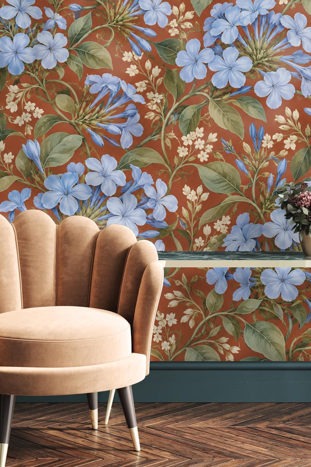 Detailed view of blue plumbago flowers with green leaves on terracotta background wallpaper