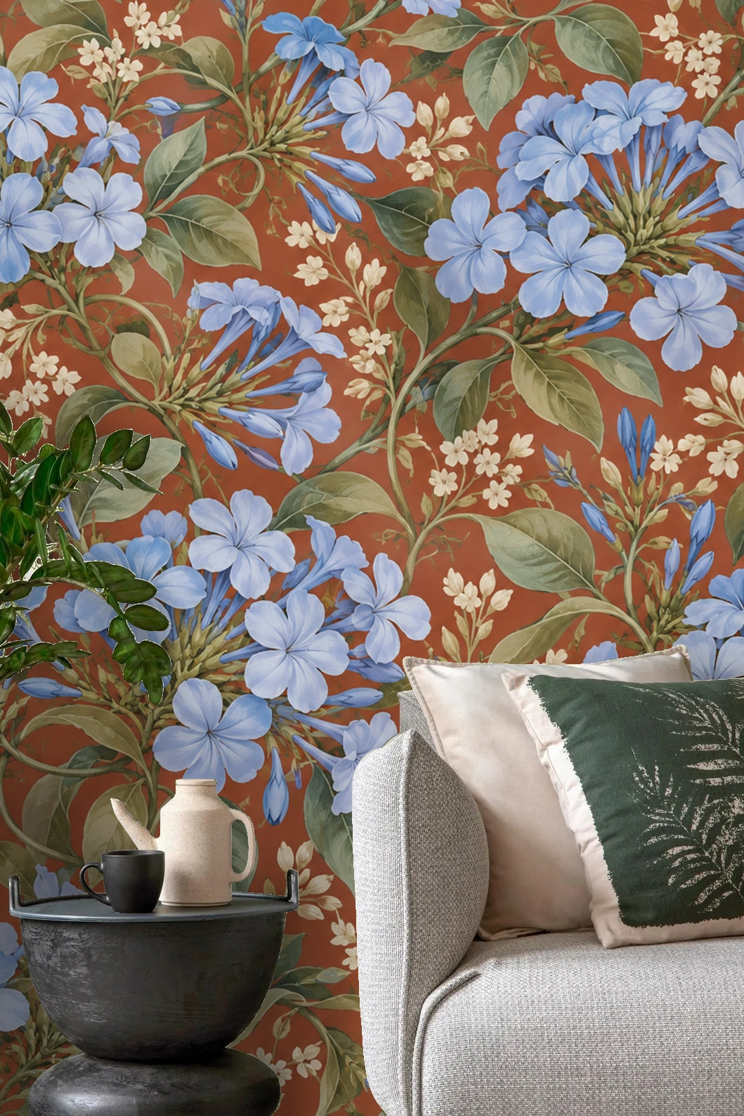 Folded wallpaper sample with visible floral motif and color layering