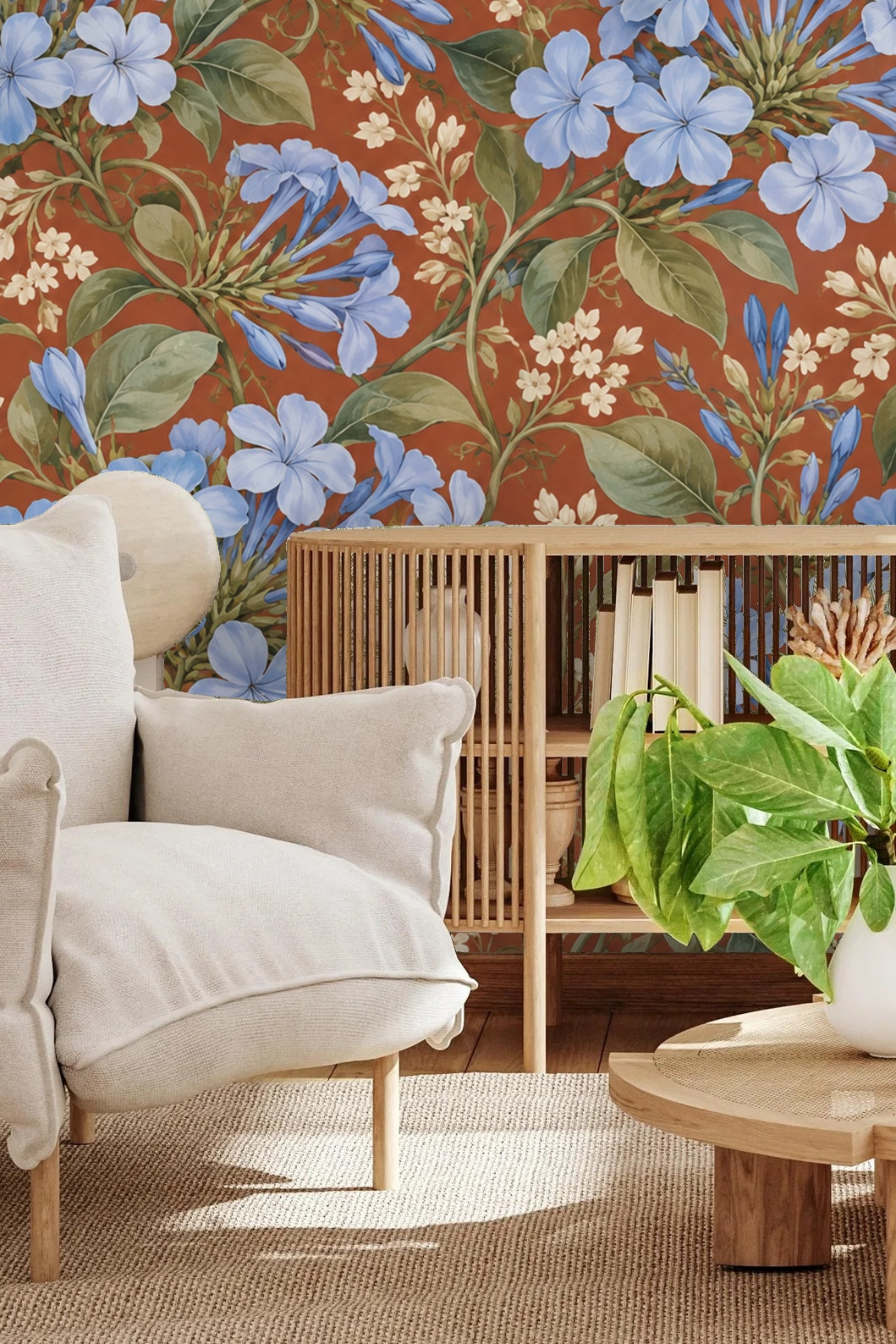 Section of wallpaper highlighting ivory small blossoms within botanical pattern