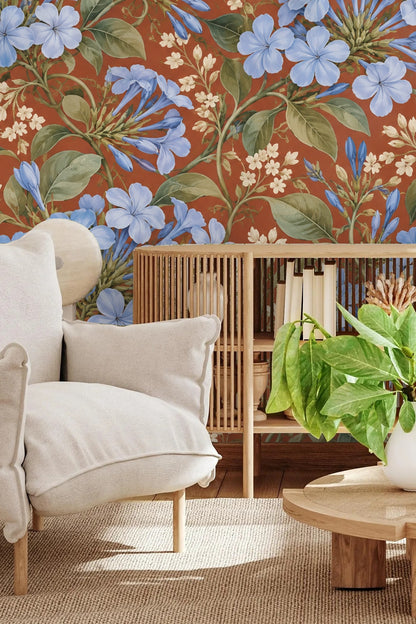 Section of wallpaper highlighting ivory small blossoms within botanical pattern